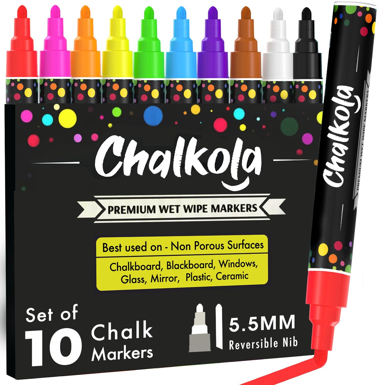 Chalk Markers for Blackboard, Chalkboard, Window, Bistro, Car Glass, Board, Wall Calendar (10 Pack, 6mm Reversible Tip) - Wet Wipe Erasable Liquid Chalk Pens | Chalkboard Markers Erasable